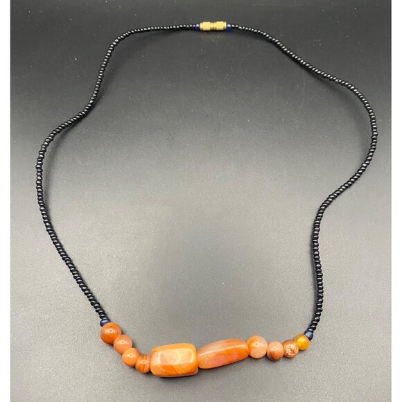 Vintage Carnelian Black Glass Beaded Necklace Orange Agate Stones Boho Unisex 21 - Picture 2 of 7